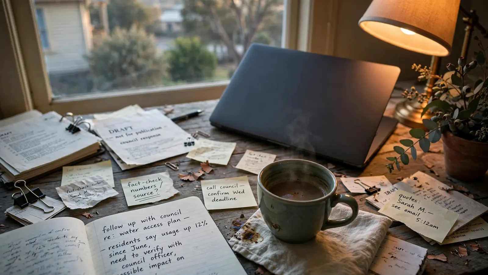 Journalist's desk with handwritten notes and a closed laptop at dawn