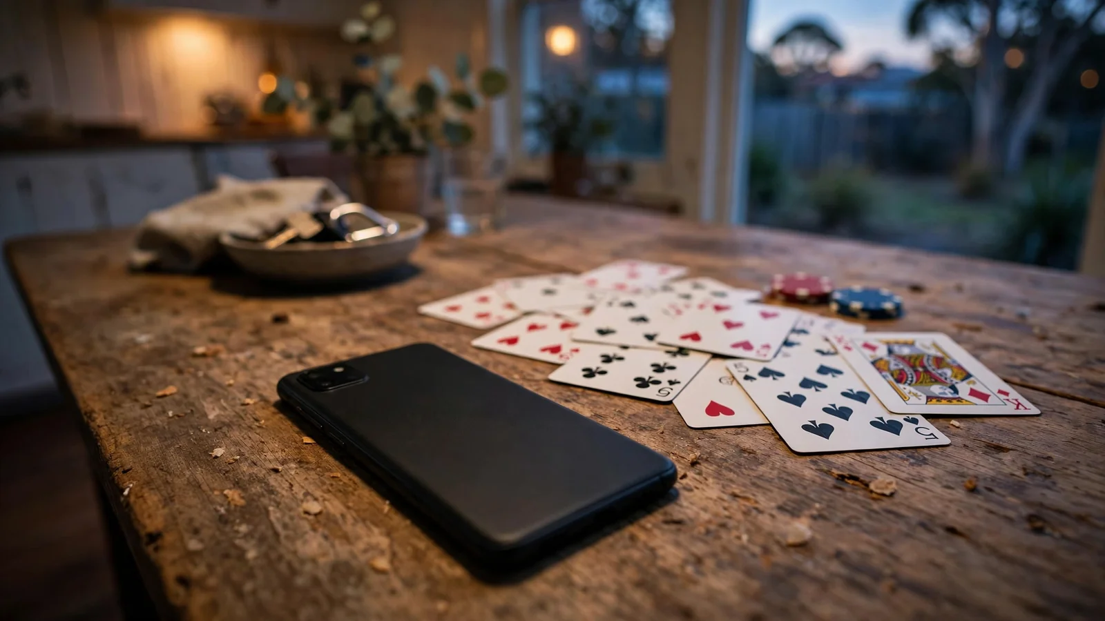 Android phone face-down on table with playing cards and poker chips nearby, Australian home interior at evening.