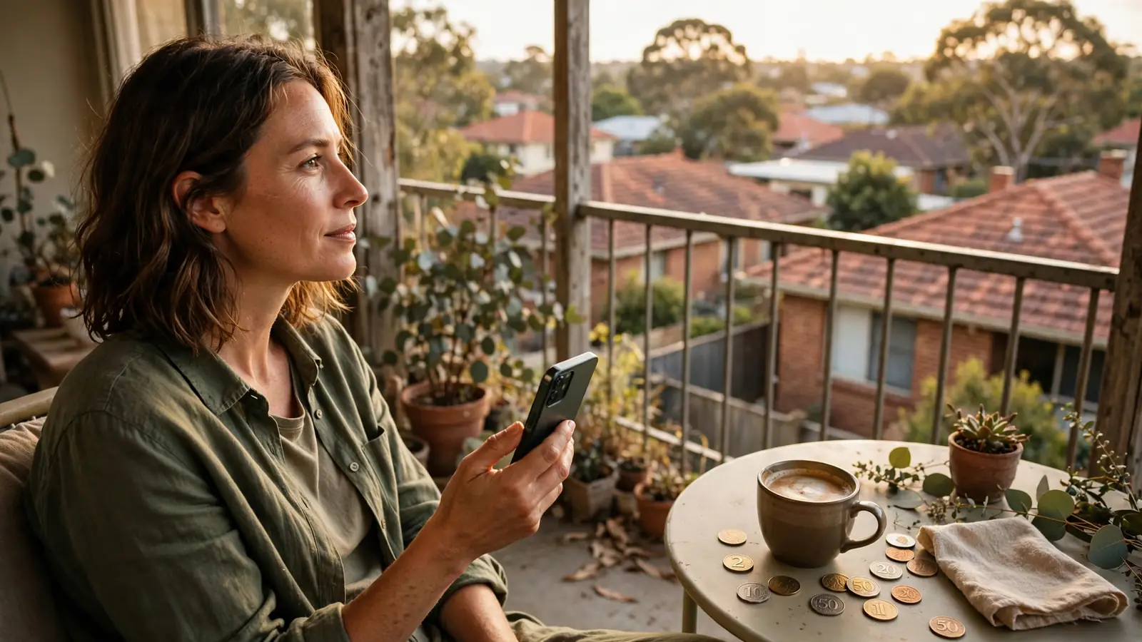 Person holding smartphone on Australian apartment balcony with coffee and coins