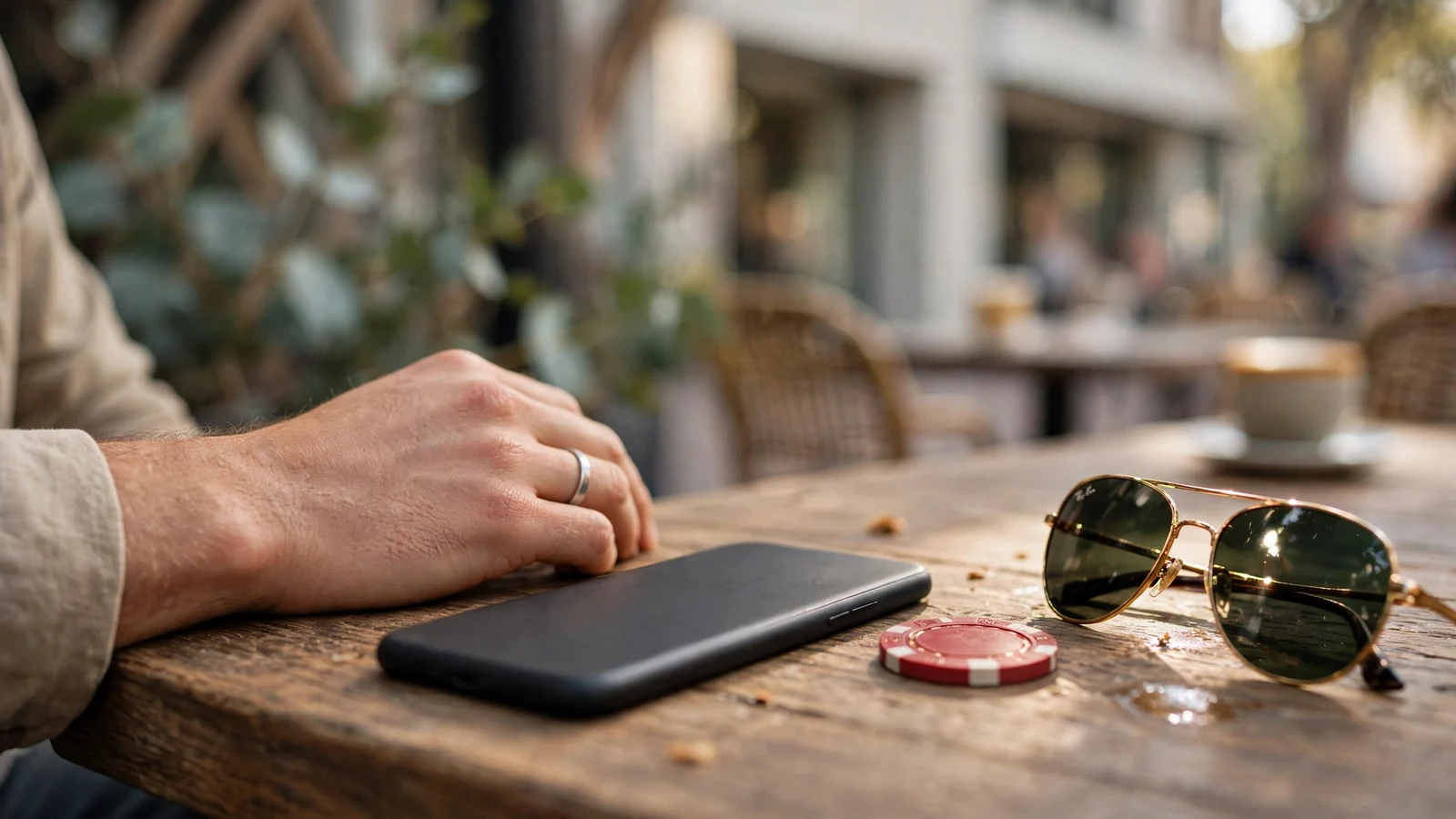 Hand resting near a face-down smartphone on a wooden cafe table with a poker chip.