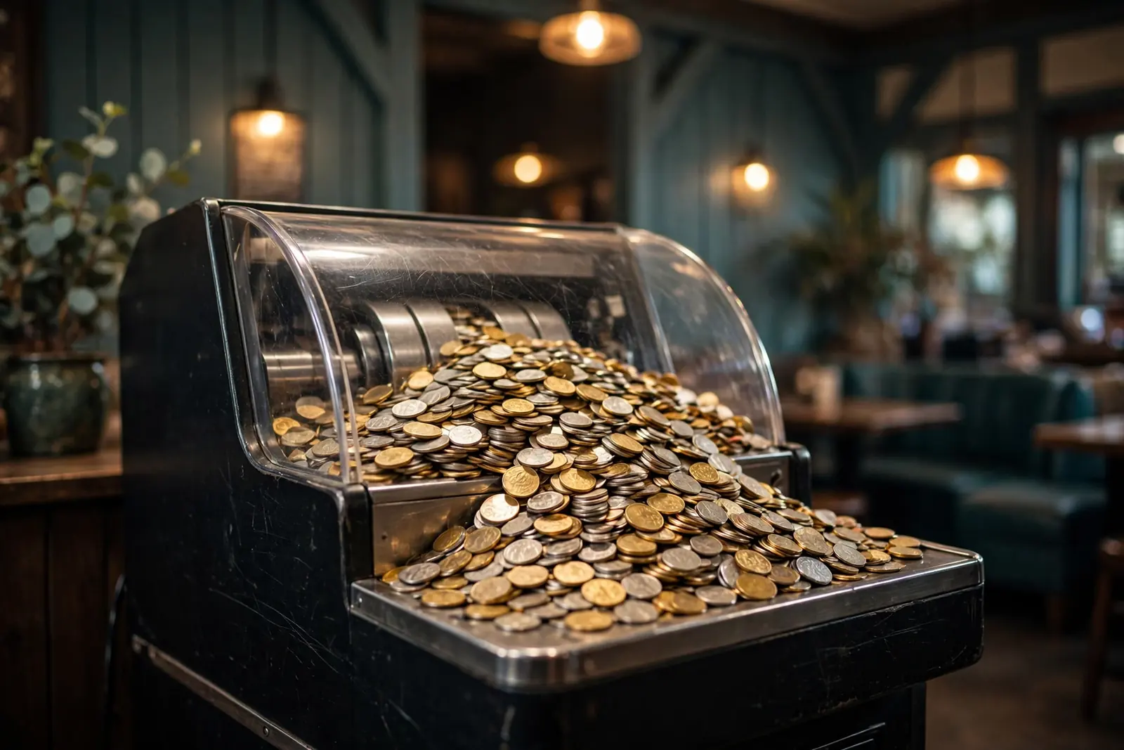 Coins spilling from a coin pusher machine in an Australian gaming lounge