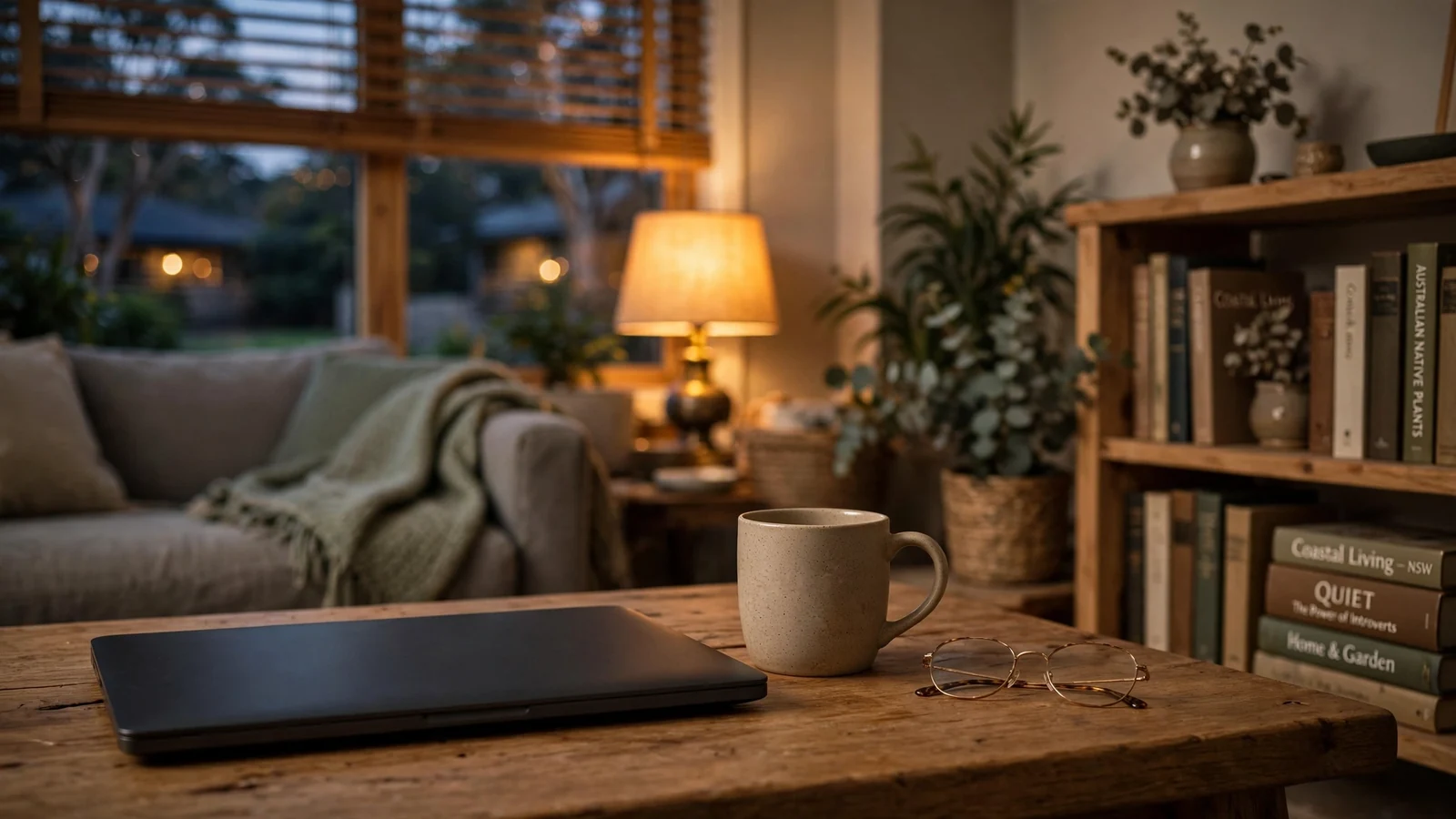 Closed laptop on coffee table in dimly lit Australian living room.