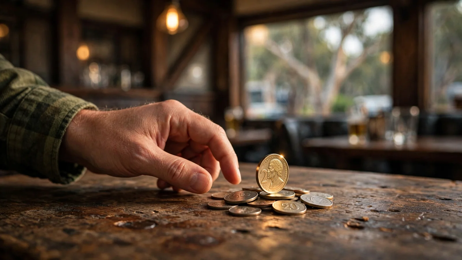 Hand reaching toward a pile of coins on a wooden pub table in Australia