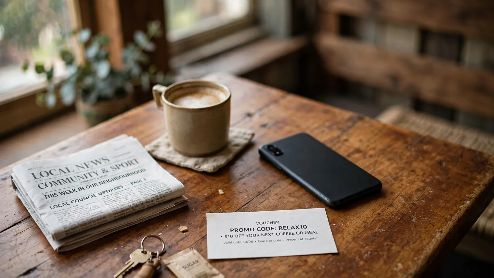 A printed promo voucher and a face-down smartphone on a wooden pub table in Australia.