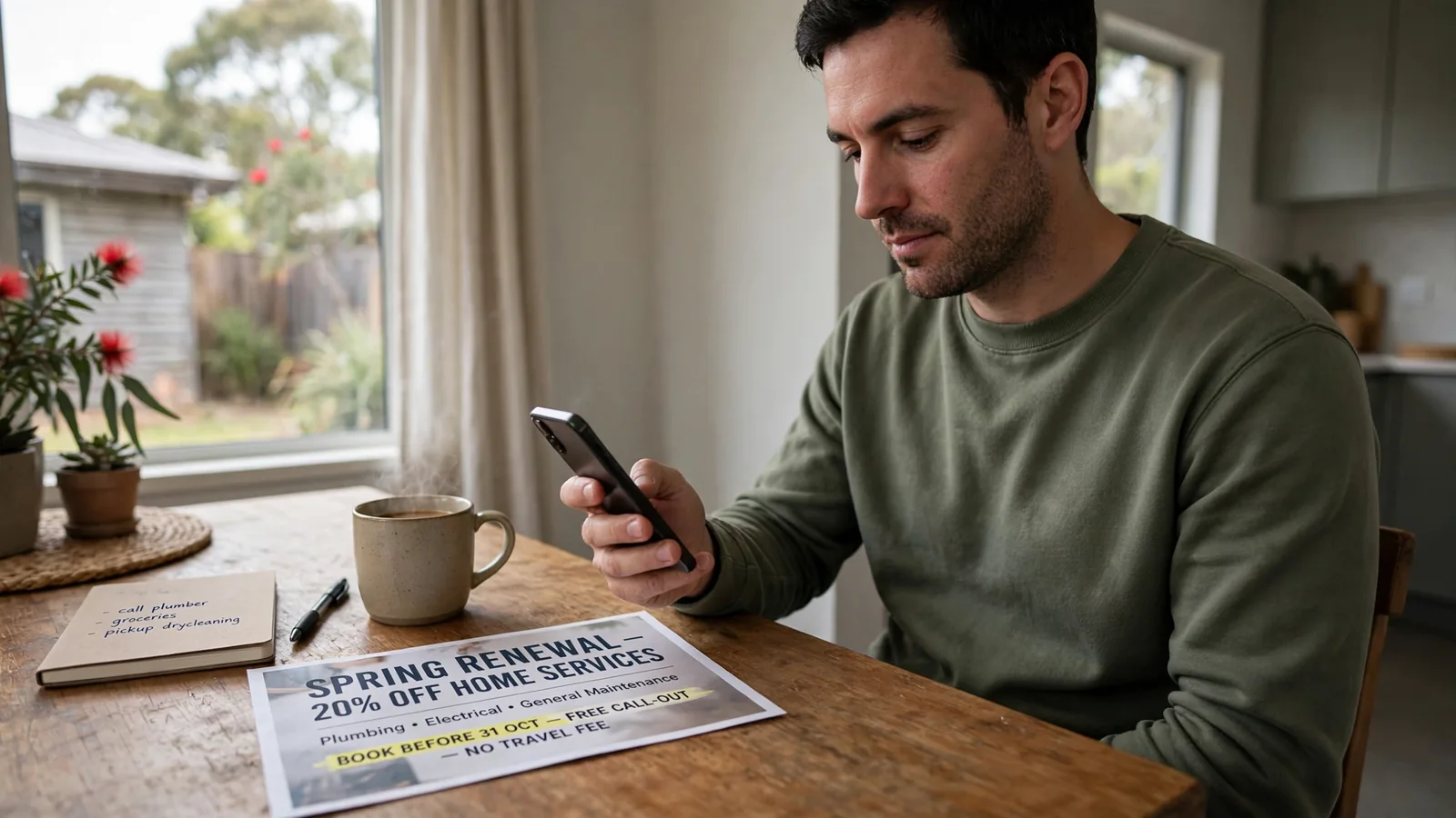 Man reviewing a casino promo flyer and smartphone at his kitchen table in Australia.