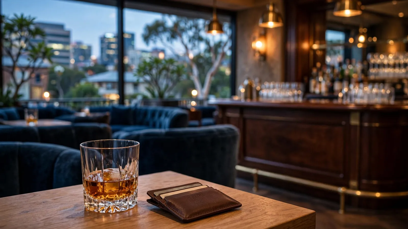 Upscale Australian lounge interior with velvet seating and a whiskey glass on a wooden table.