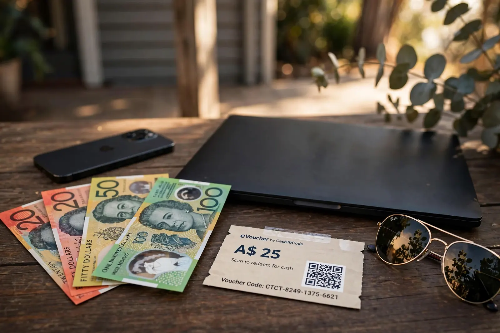 Australian banknotes and a CashToCode voucher beside a closed laptop on a wooden table