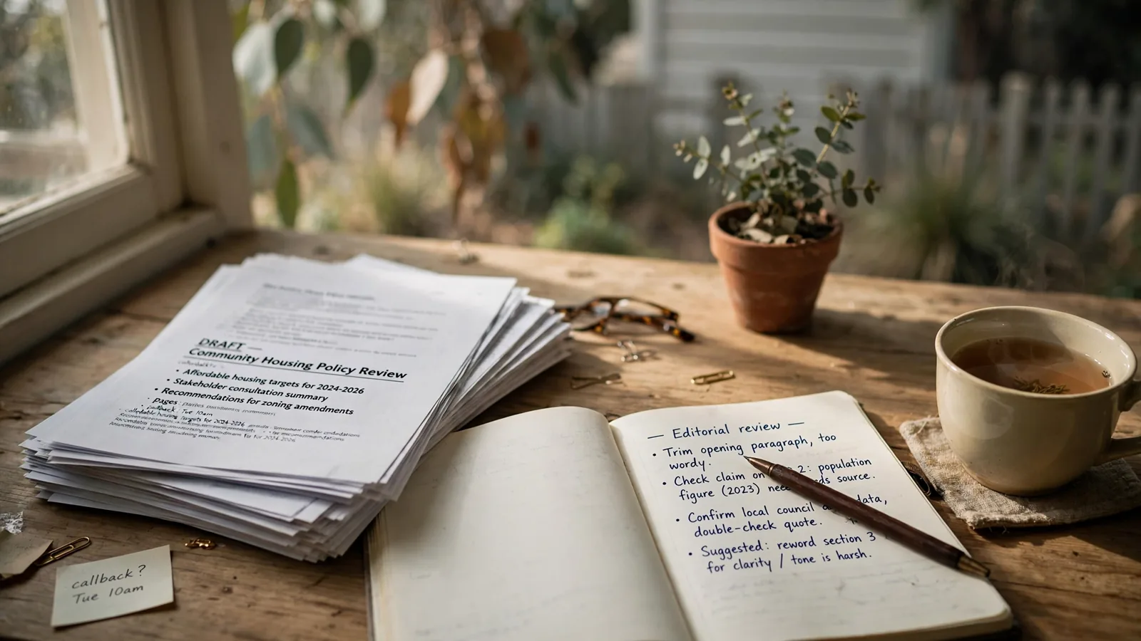 Home office desk with notebook, pen, and printed documents in soft daylight