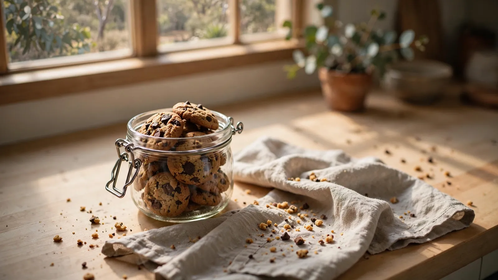 Glass jar of chocolate chip cookies on a wooden kitchen counter in warm morning light.