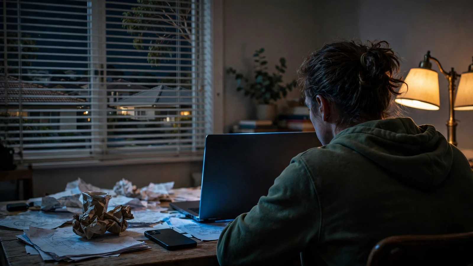 Person at home desk viewing laptop at night, contemplative mood