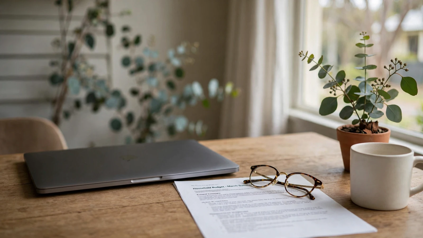 Closed laptop, reading glasses, printed page, mug, and eucalyptus on a quiet desk.