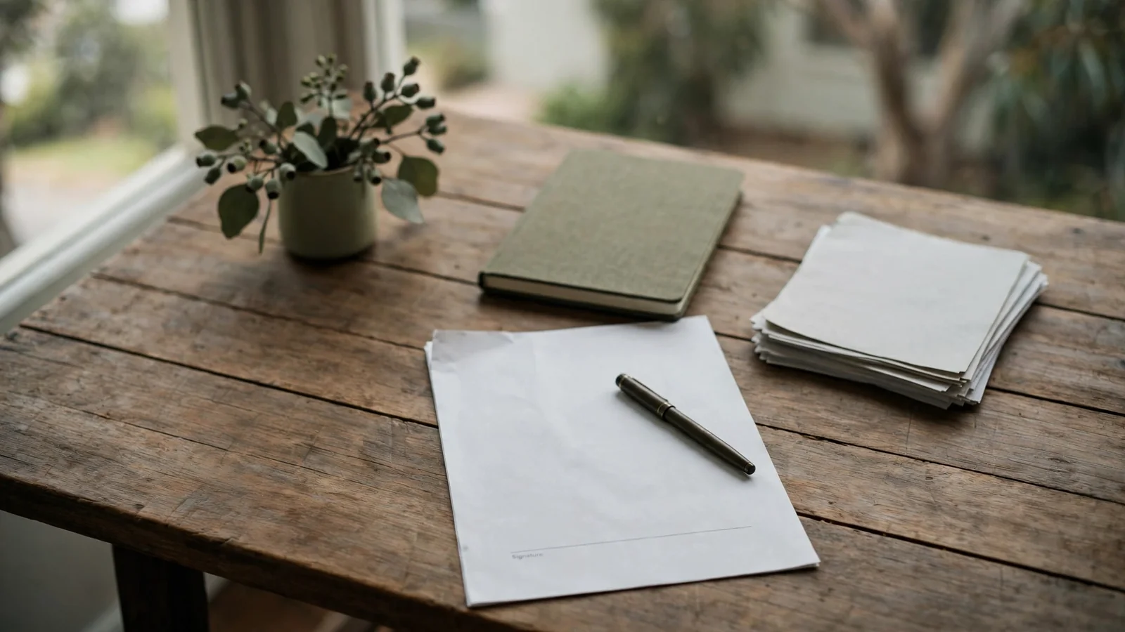 Editor desk with signed document and stacked papers in soft light