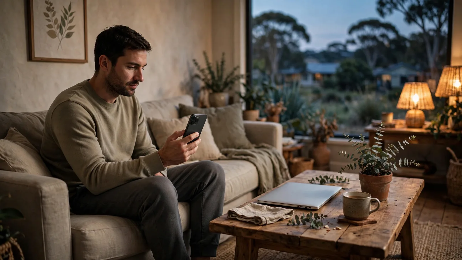 Person on a sofa holding a phone with screen turned away, laptop and tea on the table