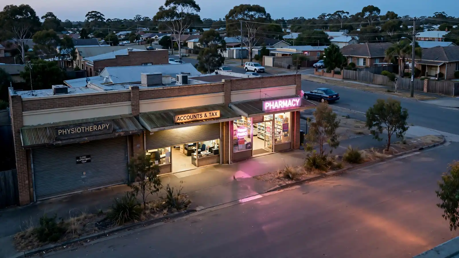 Australian street at dusk with several small office storefronts showing different signs.