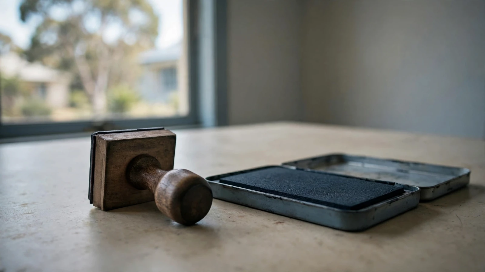 An unmarked official stamp and ink pad resting on a plain office desk.