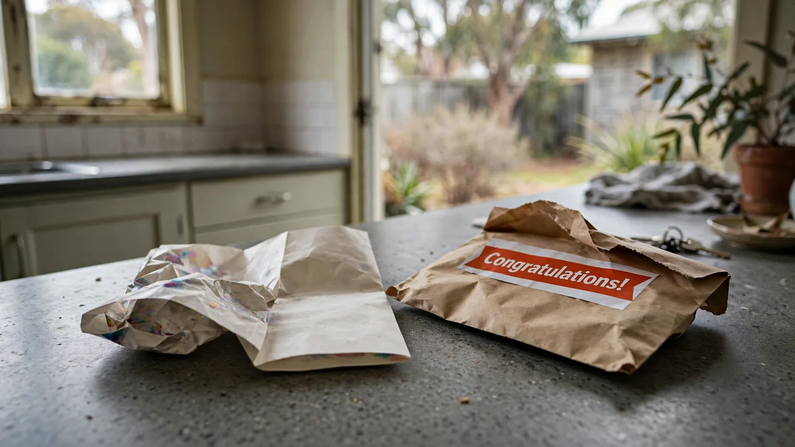 A crumpled promotional flyer and envelope on a home kitchen counter.