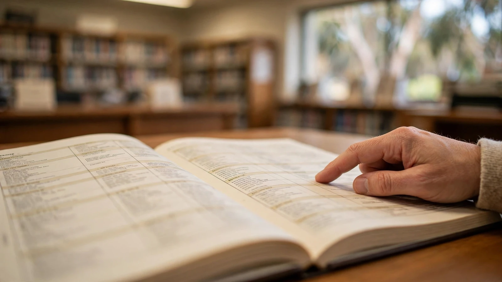 A finger tracing an entry in an open printed register on a desk.
