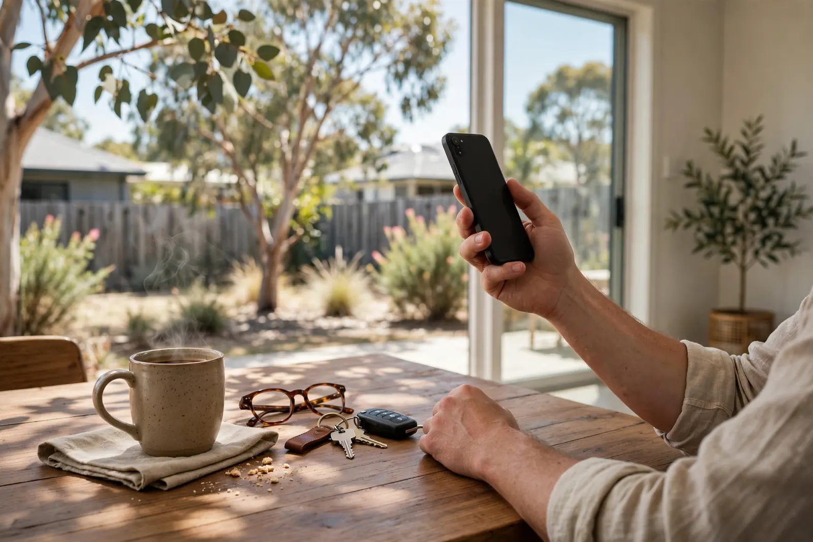 Hands resting near a smartphone on a sunlit Australian kitchen table.
