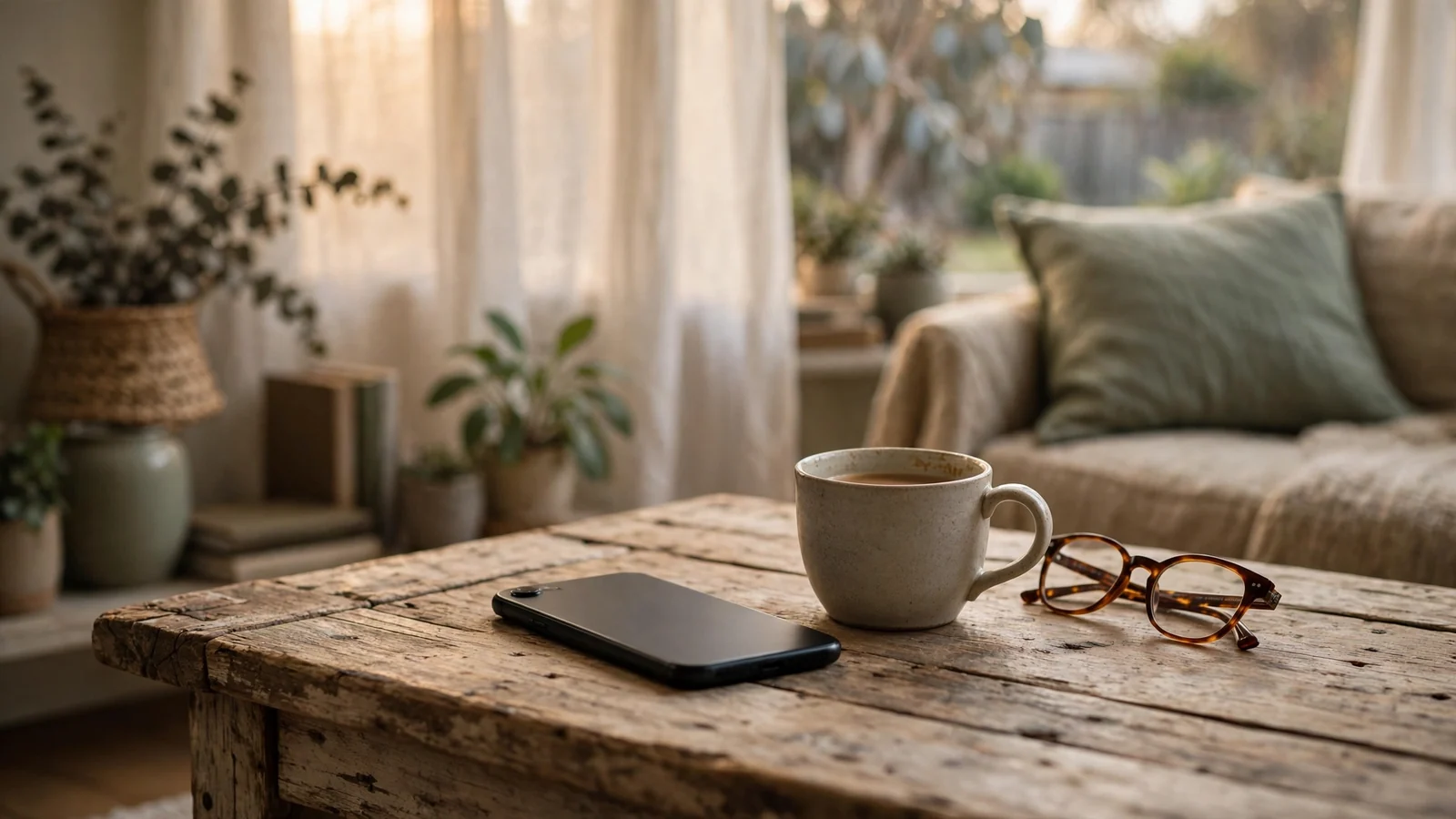 Smartphone resting face-down on a wooden coffee table in an Australian suburban living room.