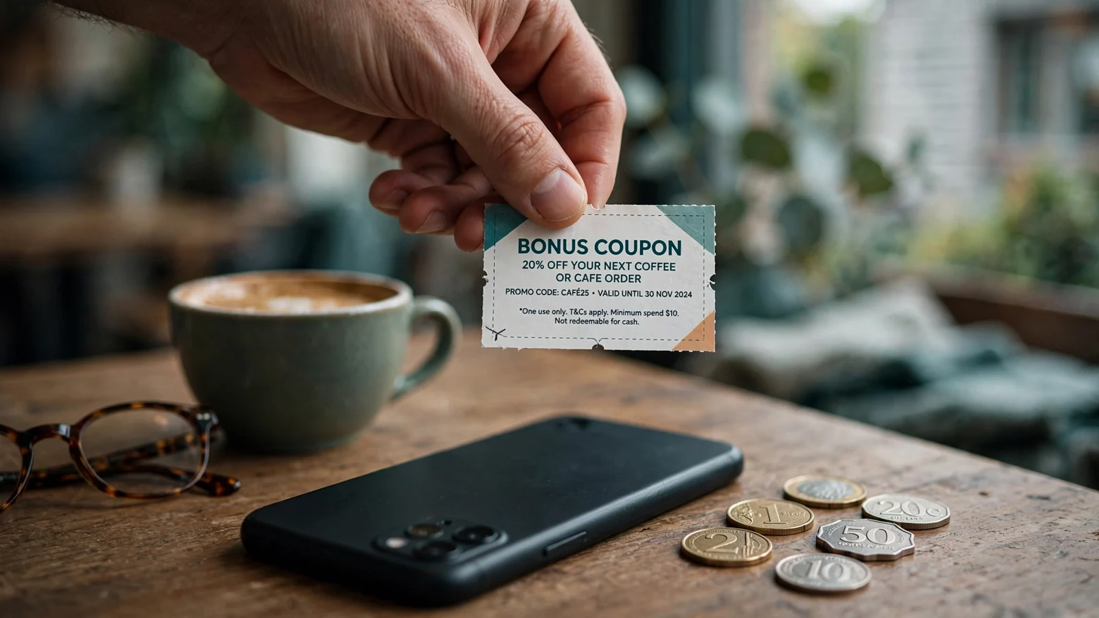 Hand holding a promotional coupon over a face-down phone on a cafe table