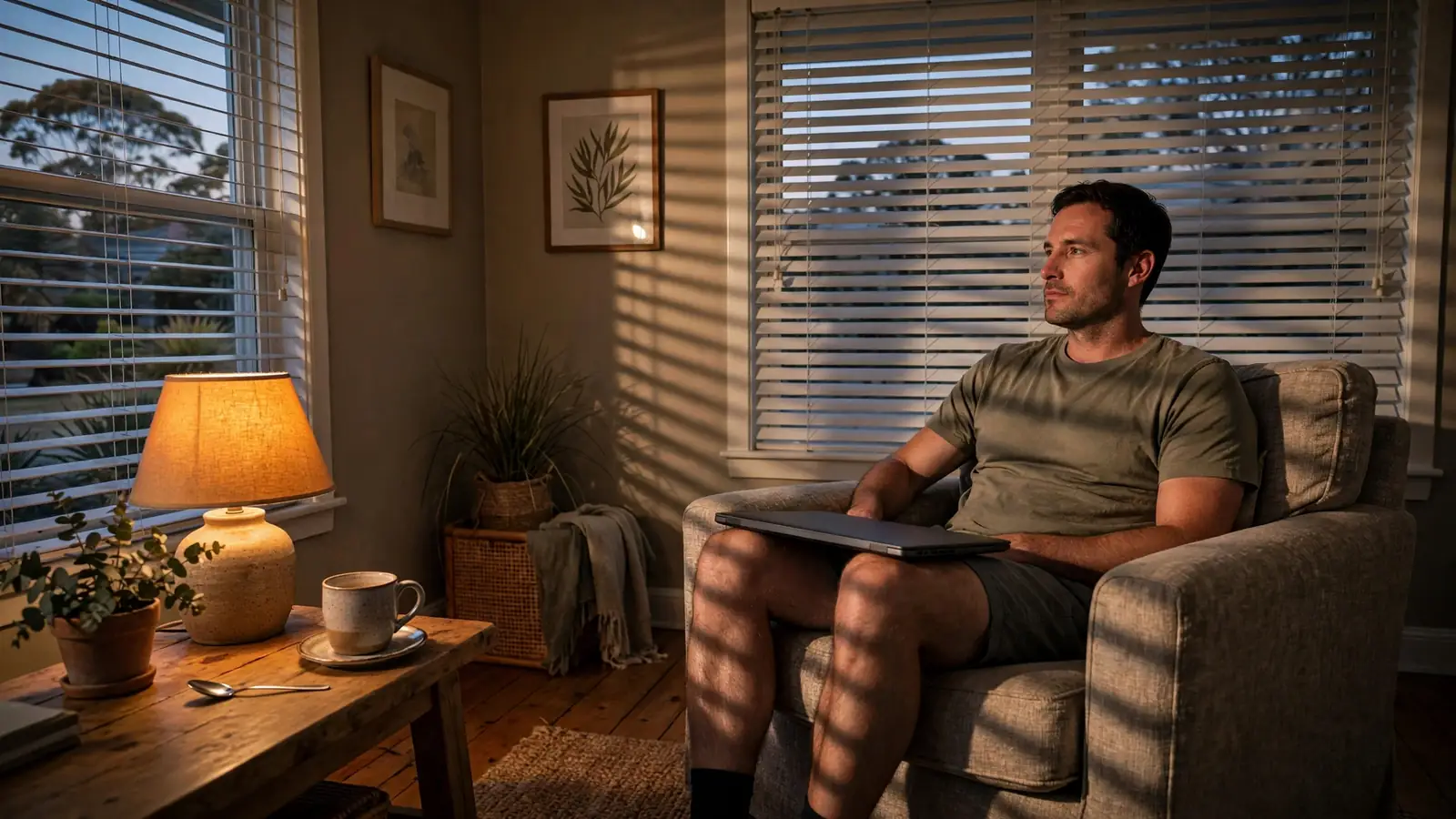 Australian man relaxing at home with a closed laptop under warm lamp light.