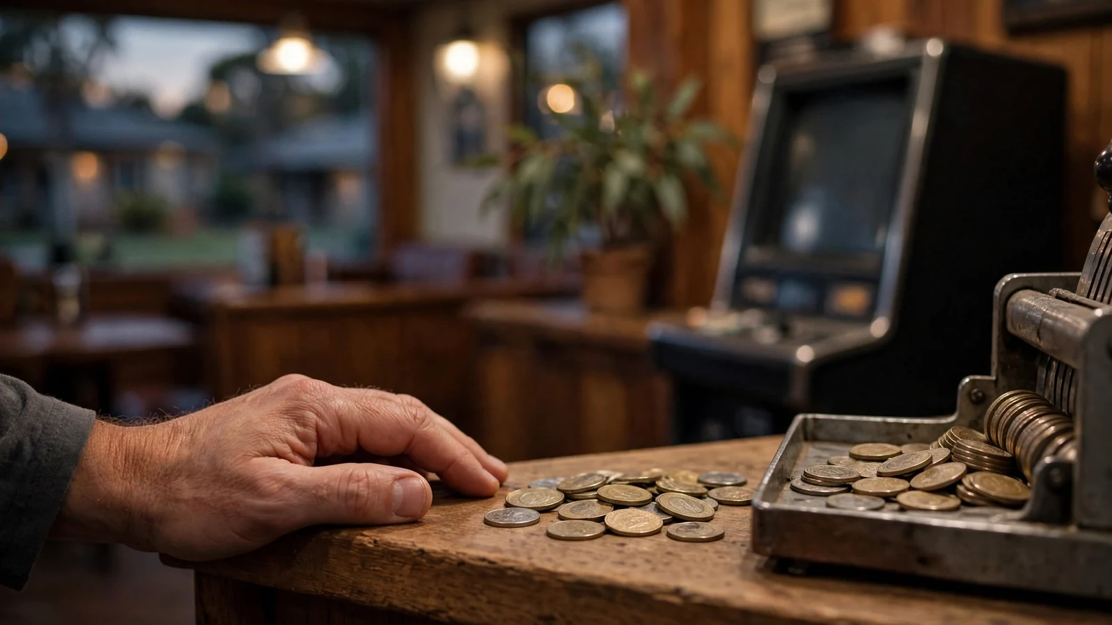 Hand near coins with a quiet poker machine in the background