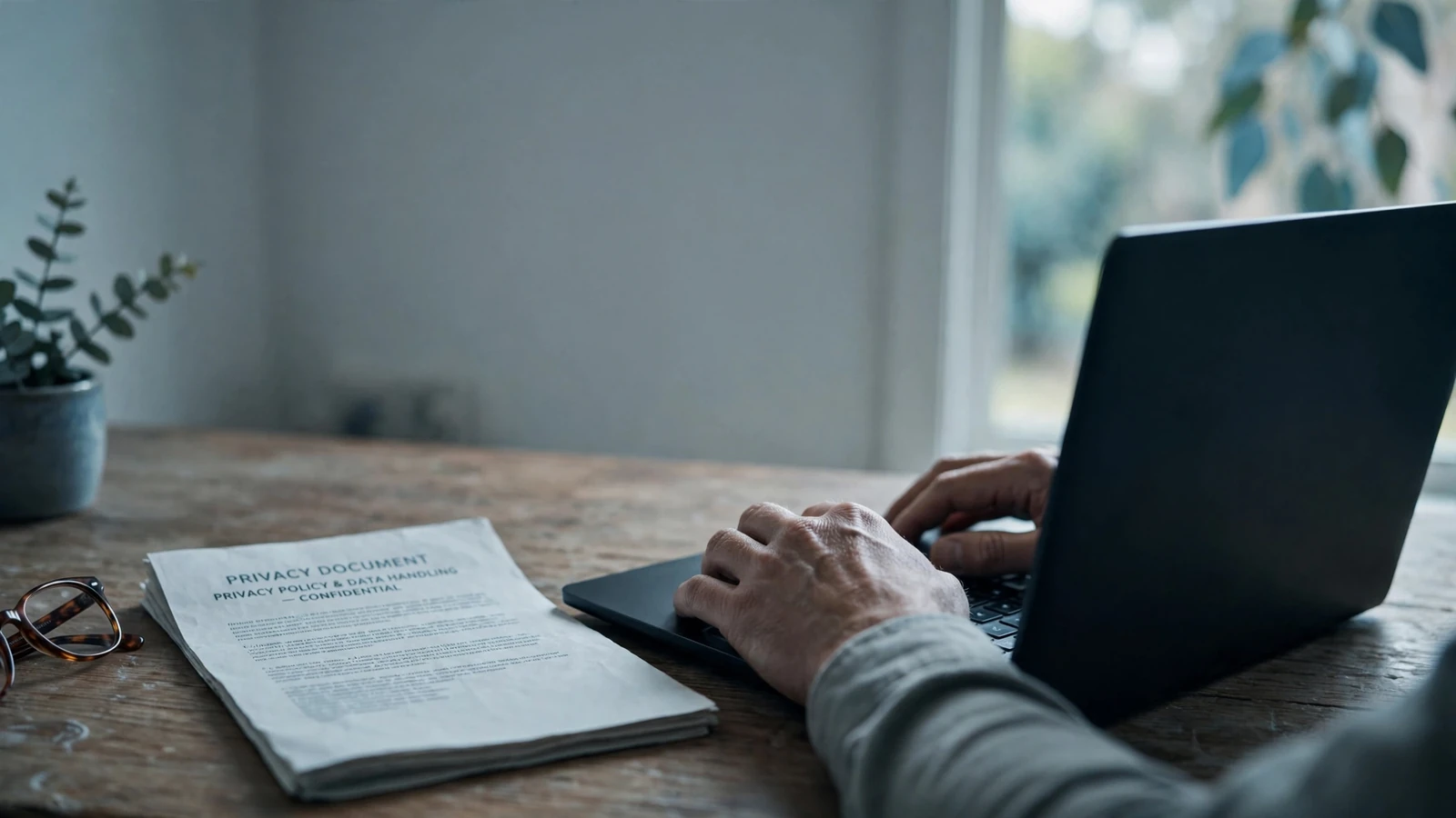 Hands on laptop beside privacy document in home office