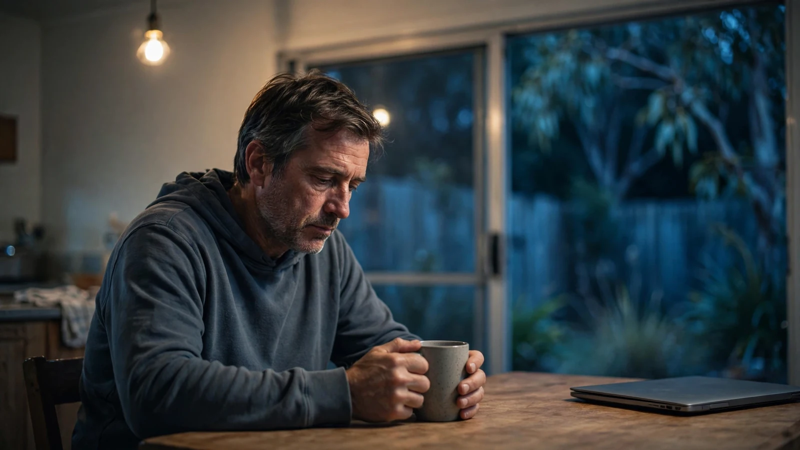 Man sitting alone at kitchen table at night, hands around a mug, looking down thoughtfully.