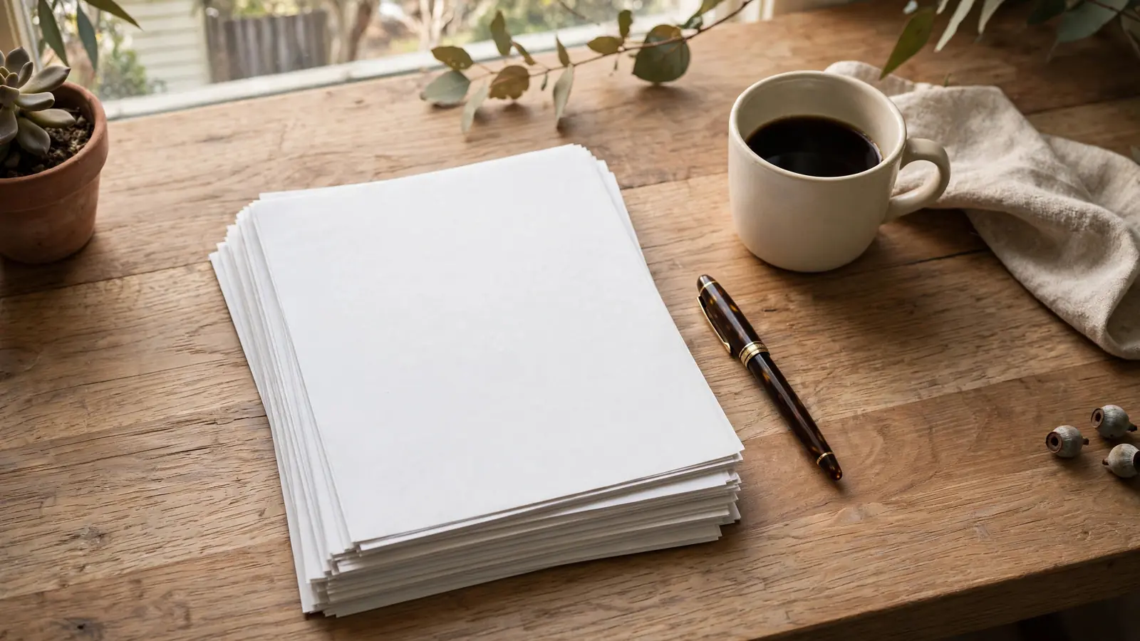 Printed terms document, fountain pen, and coffee cup on a wooden desk in soft daylight.